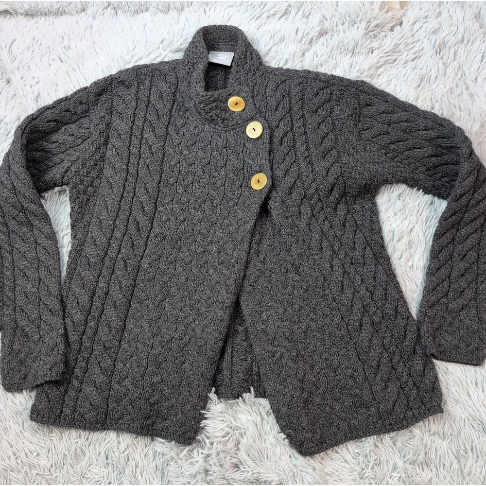 Aran Sweater Womens XL Gray Cardigan Ireland Merino Wool Button Up Cozy Soft